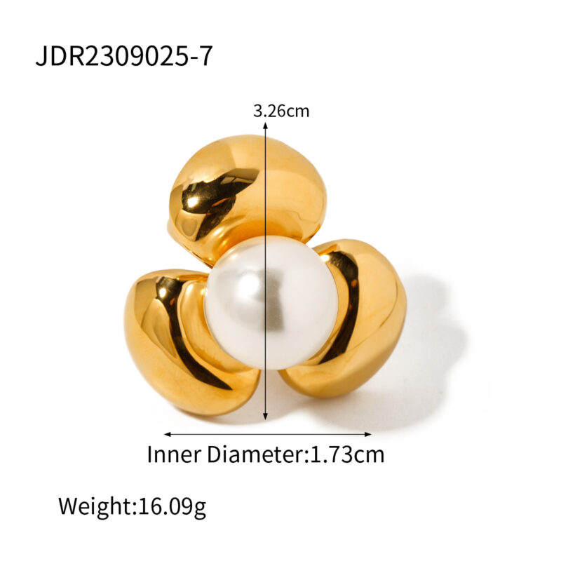 J&D Fashion Jewelry Gold Plated Rings Waterproof Stainless Steel Flower Inlay Pearl Finger Rings Women - Image 4