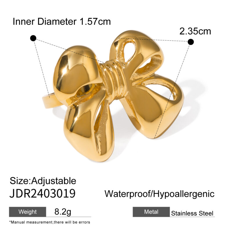 18K Gold Stainless Steel Bow Open Ring - Image 4