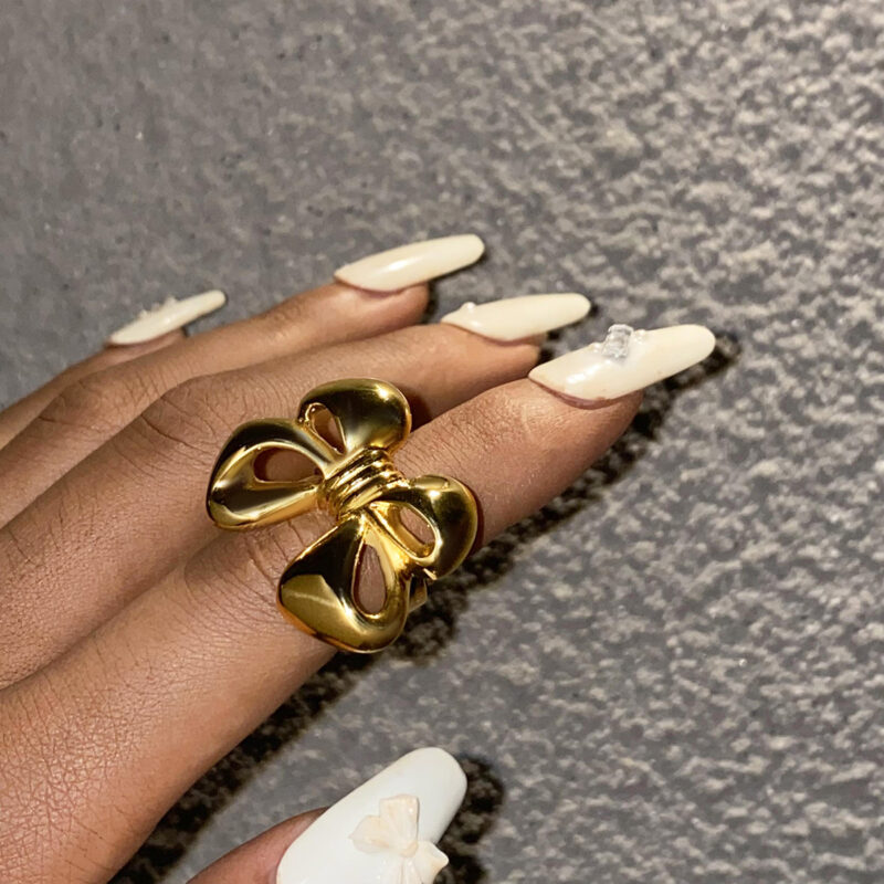 18K Gold Stainless Steel Bow Open Ring - Image 2
