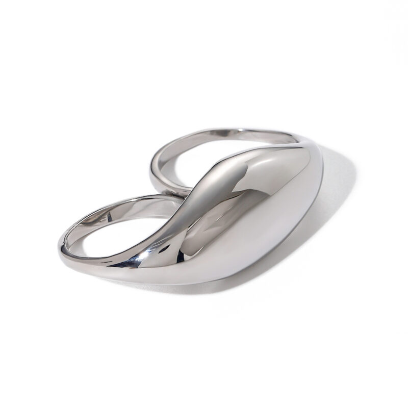 Waterproof Stainless Steel Two Fingers Ring 18K PVD Gold Plated Geometric High Polished Chunky Ring for Girl Gift