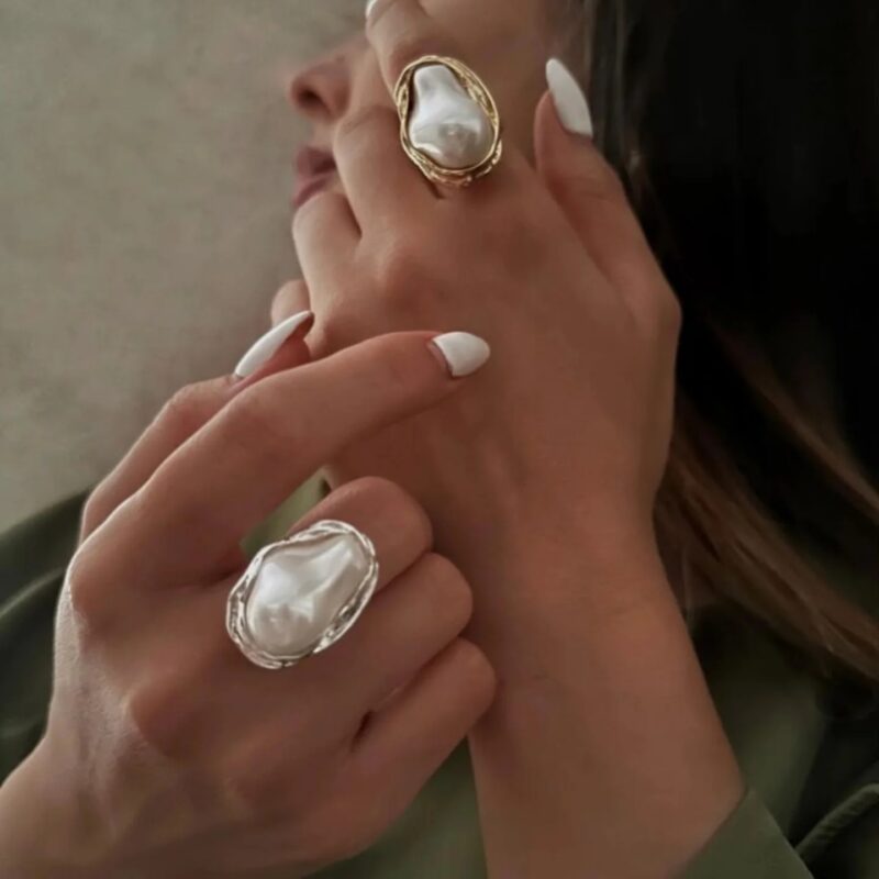 J&D Chunky Luxury Stainless Steel 18K Gold Plated Big Baroque Pearl Moon Sun Floral Irregular Rings - Image 3