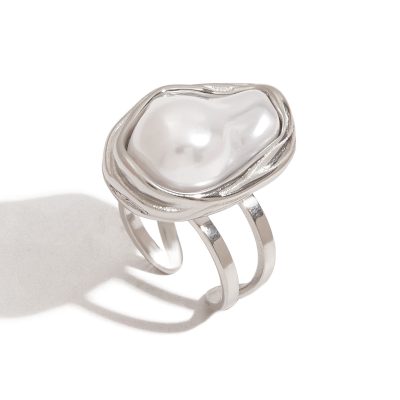 J&D Chunky Luxury Stainless Steel 18K Gold Plated Big Baroque Pearl Moon Sun Floral Irregular Rings