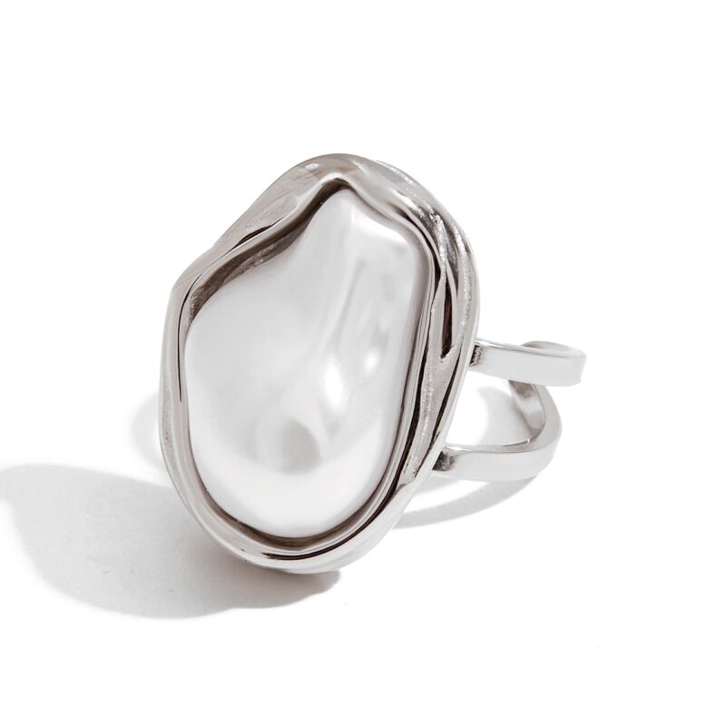 J&D Chunky Luxury Stainless Steel 18K Gold Plated Big Baroque Pearl Moon Sun Floral Irregular Rings - Image 2