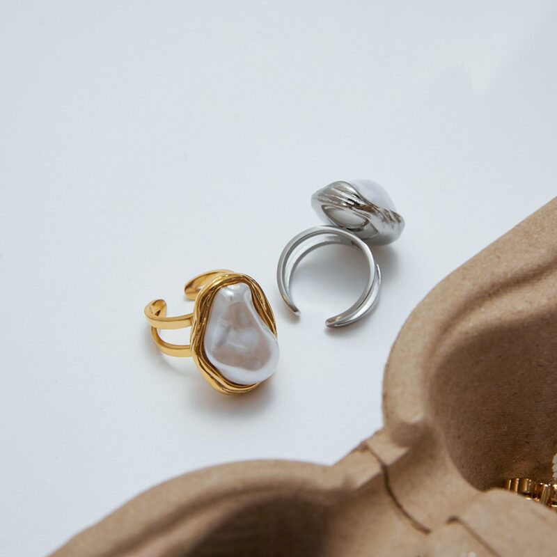 J&D Chunky Luxury Stainless Steel 18K Gold Plated Big Baroque Pearl Moon Sun Floral Irregular Rings - Image 4