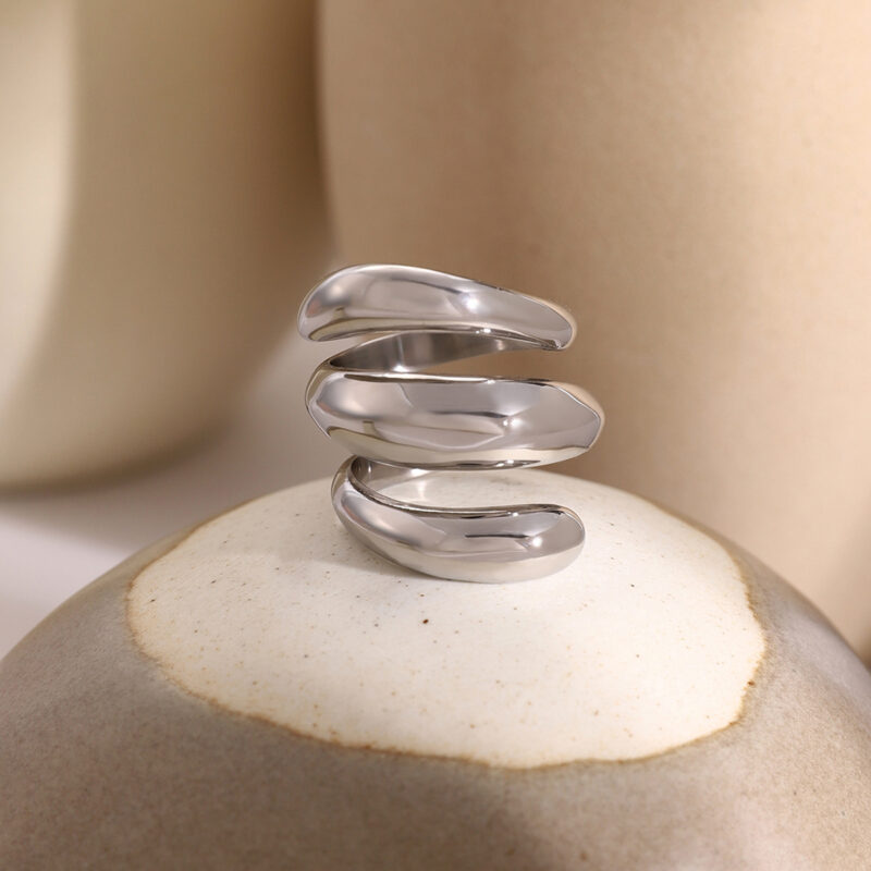 J&D Geometric Stainless Steel Silver Ring High-end Niche Silver Textured Irregular Chunky Rings - Image 2