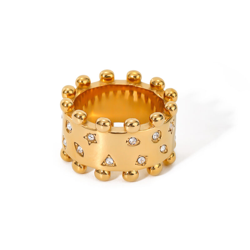 Original Design 18K Gold Stainless Steel Triangle/Circle/Star Diamond Edge Bead Ring Size 7
