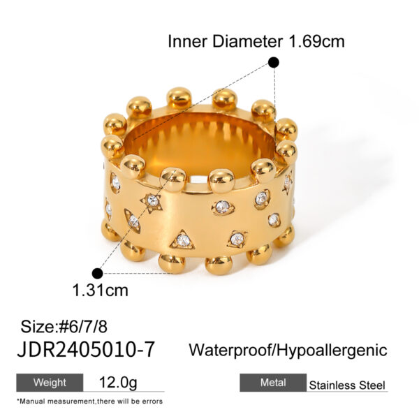 Original Design 18K Gold Stainless Steel Triangle/Circle/Star Diamond Edge Bead Ring Size 7