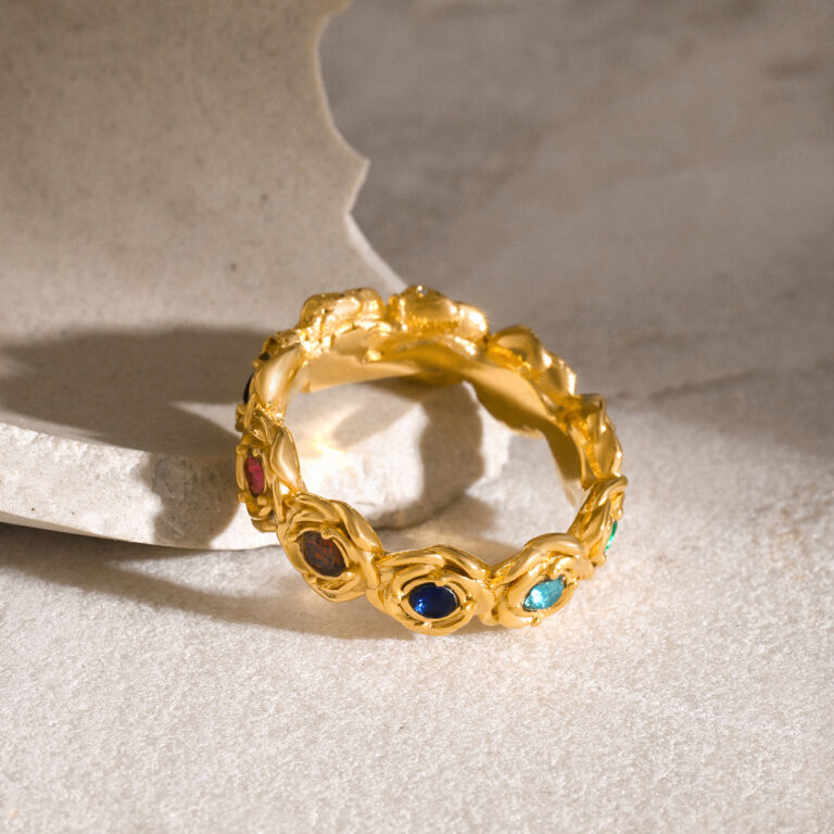 18K Gold Stainless Steel Rose Shape Colorful Zircon Ring Size 7 - Image 4