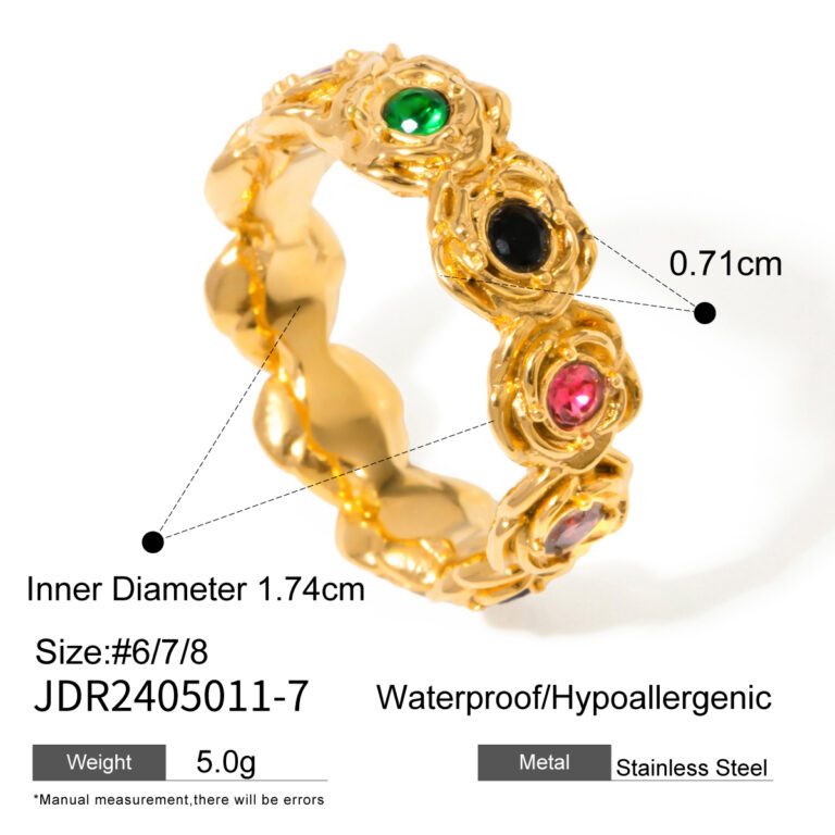 18K Gold Stainless Steel Rose Shape Colorful Zircon Ring Size 7 - Image 5