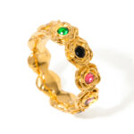 18K Gold Stainless Steel Rose Shape Colorful Zircon Ring Size 6