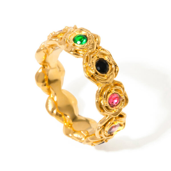 18K Gold Stainless Steel Rose Shape Colorful Zircon Ring Size 6