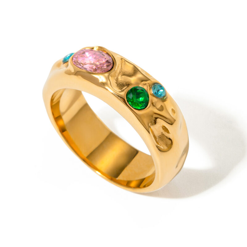J&D Classic Vintage Women Stainless Steel Rings 18K Gold Hammered Multi-Colored Zircon Rings