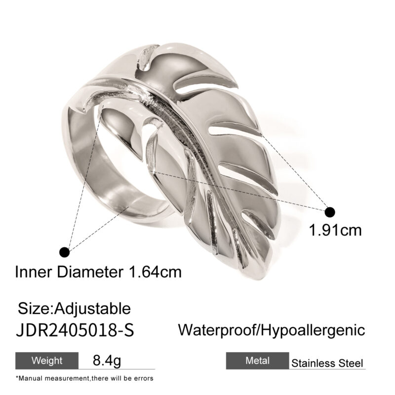 J&D Jewelry Leaf Feather Smooth Surface Ring 18K Gold Plated Stainless Steel Ring Opening Glossy Ring for Women - Image 3