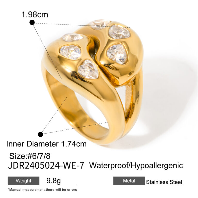 18K Gold Stainless Steel Interlocking Teardrop White Heart Zircon Ring Size 7 - Image 3