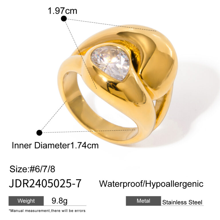 18K Gold Stainless Steel Interlocking Teardrop White Zircon Ring Size 7 - Image 5