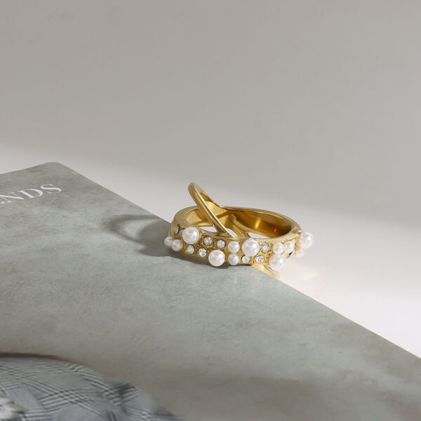 18K Gold Stainless Steel Swarovski Pearl X-Shape Diamond Ring Size 7 - Image 2