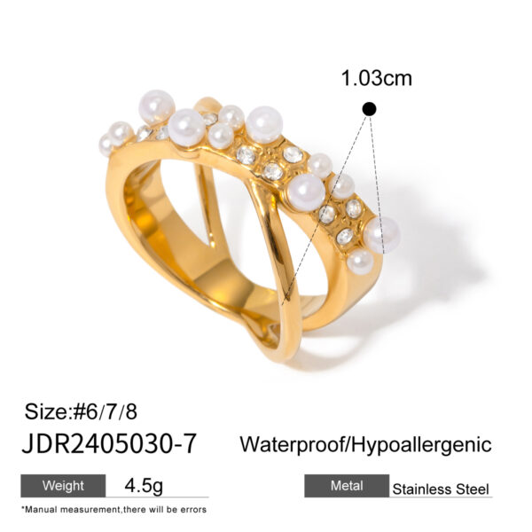 18K Gold Stainless Steel Swarovski Pearl X-Shape Diamond Ring Size 7 - Image 3