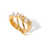 18K Gold Stainless Steel Swarovski Pearl X-Shape Diamond Ring Size 7