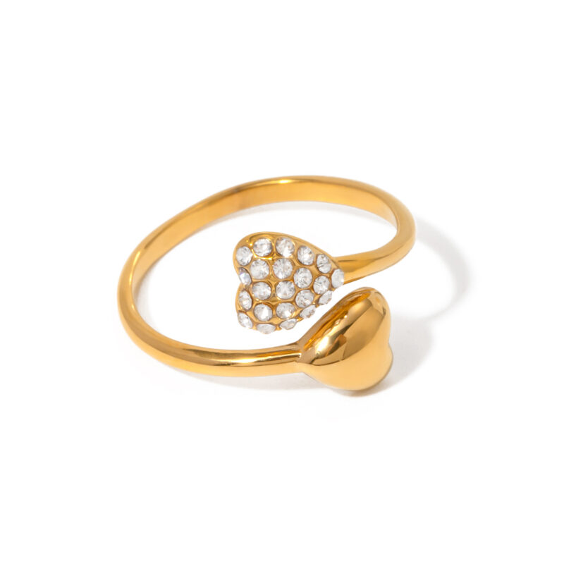 J&D Alluring Stainless Steel Women Jewelry Rings 18K Gold Asymmetric Heart Shaped Rhinestone Open Rings