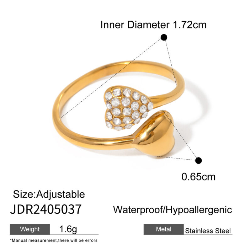 J&D Alluring Stainless Steel Women Jewelry Rings 18K Gold Asymmetric Heart Shaped Rhinestone Open Rings - Image 3