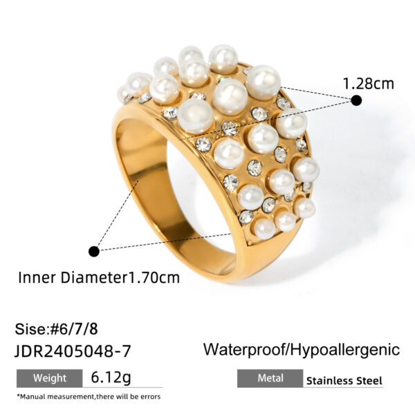 18K Gold Stainless Steel Wide Pearl & Diamond Ring Size 7 - Image 5
