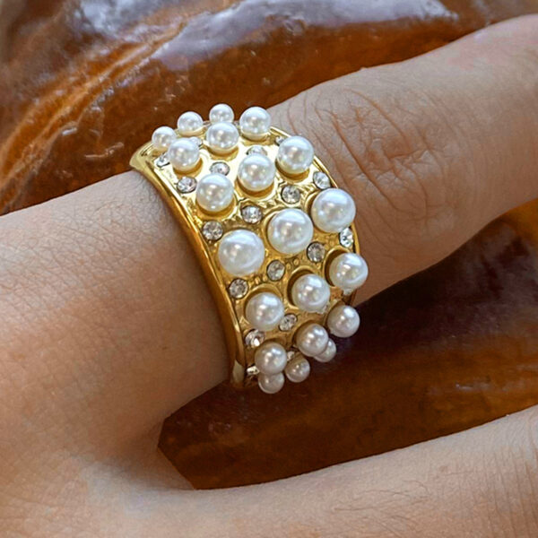 18K Gold Stainless Steel Wide Pearl & Diamond Ring Size 7 - Image 2