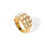18K Gold Stainless Steel Wide Pearl & Diamond Ring Size 7