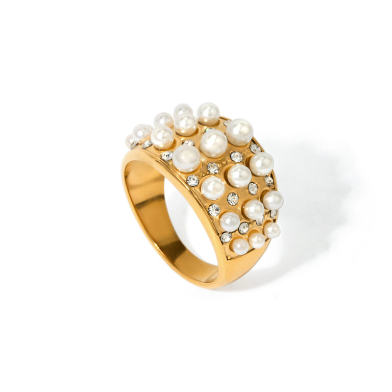 18K Gold Stainless Steel Wide Pearl & Diamond Ring Size 7