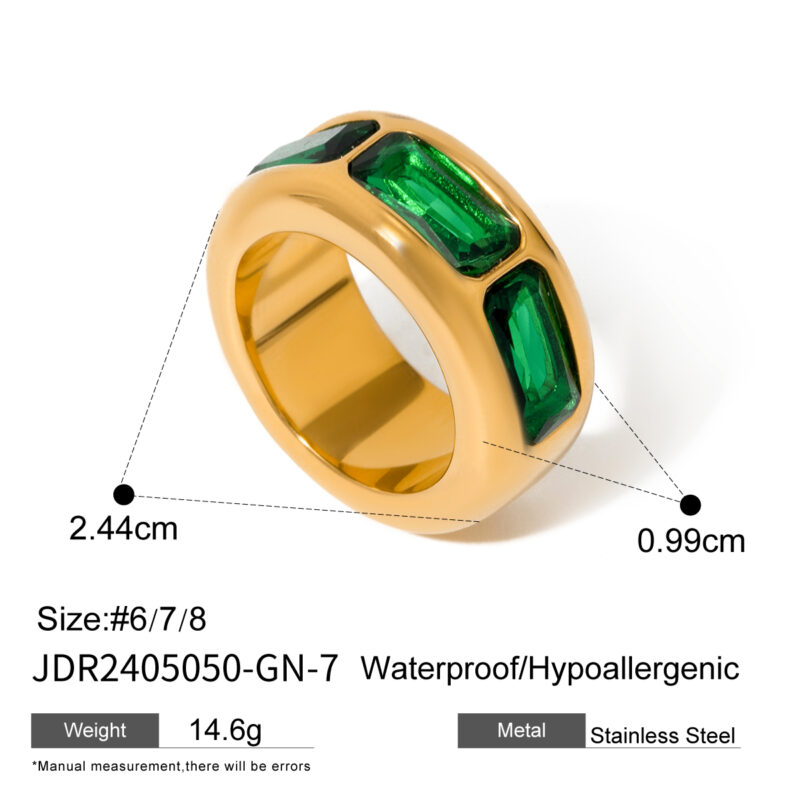 J&D Popular Vintage Jewelry Stainless Steel 18K Gold Rings Women White Green Zircon Wide Rings - Image 5