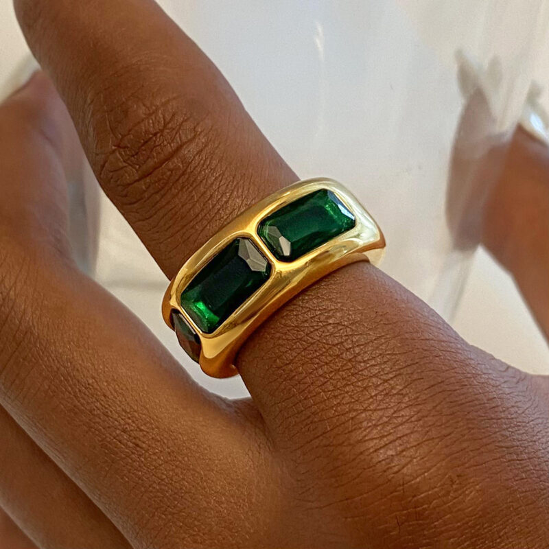 J&D Popular Vintage Jewelry Stainless Steel 18K Gold Rings Women White Green Zircon Wide Rings - Image 3