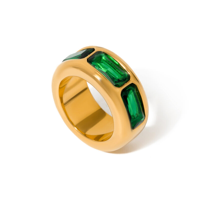 J&D Popular Vintage Jewelry Stainless Steel 18K Gold Rings Women White Green Zircon Wide Rings