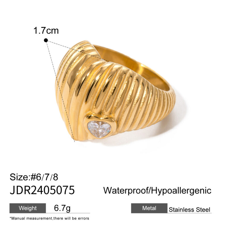 18K Gold Stainless Steel White Zircon Heart Ribbed Ring - Image 5