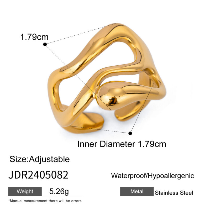 J&D 18K PVD Gold Plated Stainless Steel Liquid Drop OpenTarnish-Free Waterproof Ring Jewelry for Women - Image 2