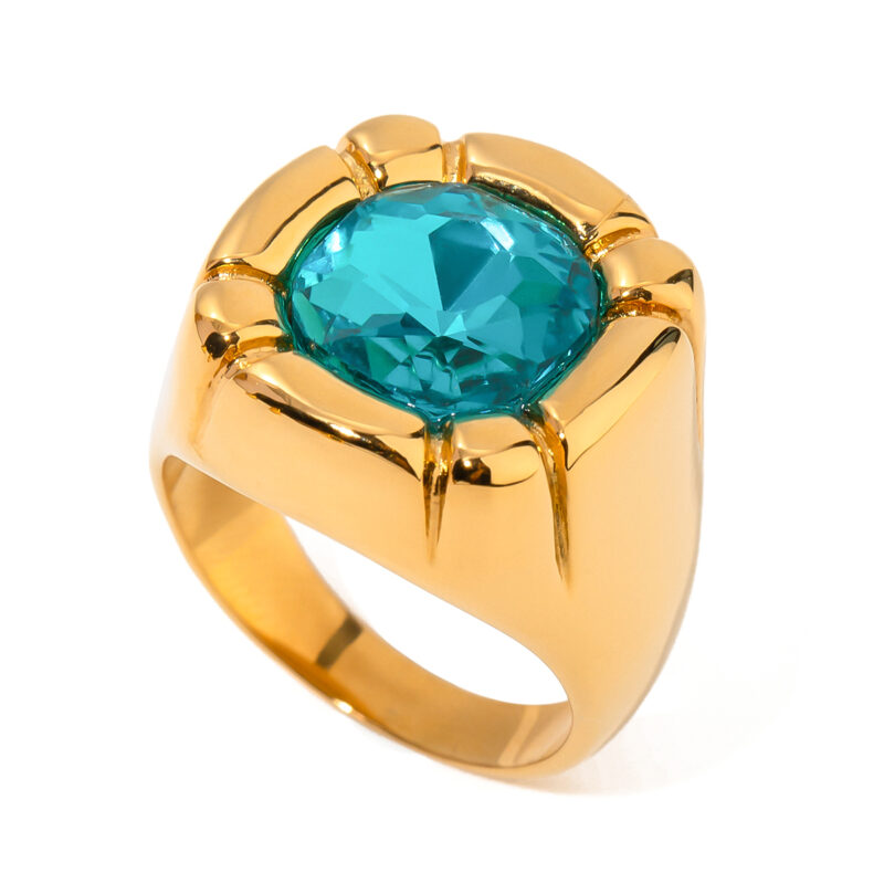 J&D 18K Gold Plated Stainless Steel Chunky Zircon Flower Finger Ring Vintage Colorful Oval Stone Ring for Women