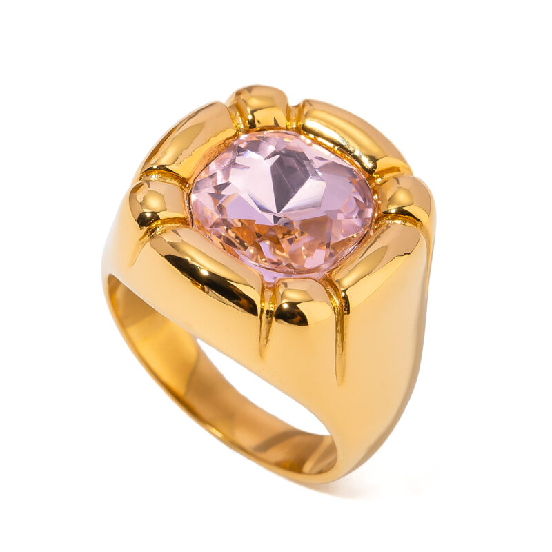 J&D 18K Gold Plated Stainless Steel Chunky Zircon Flower Finger Ring Vintage Colorful Oval Stone Ring for Women