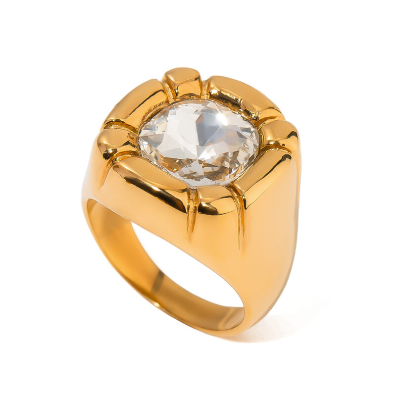 J&D 18K Gold Plated Stainless Steel Chunky Zircon Flower Finger Ring Vintage Colorful Oval Stone Ring for Women