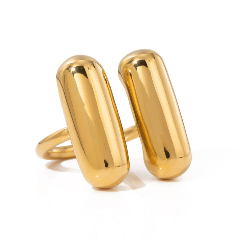 J&D Simple Rings Design Women Fashion Stainless Steel 18K Gold Double Capsule Shape Open Ring
