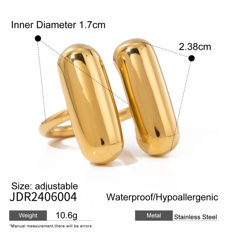 J&D Simple Rings Design Women Fashion Stainless Steel 18K Gold Double Capsule Shape Open Ring - Image 3