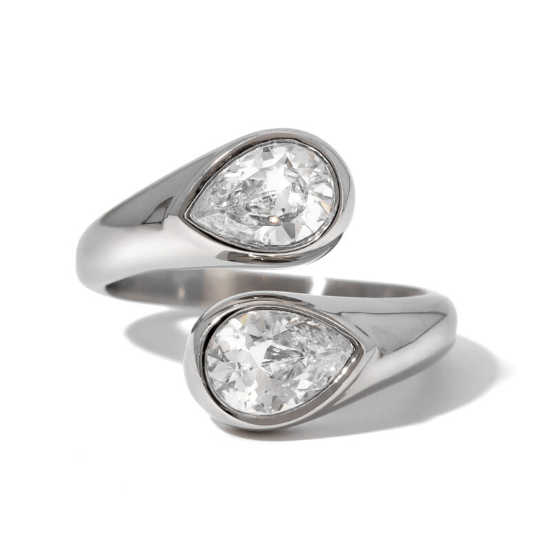 J&D Dainty Luxury Stainless Steel Women Jewelry Rings 18K Gold Asymmetric Water Drop Zircon Open Rings