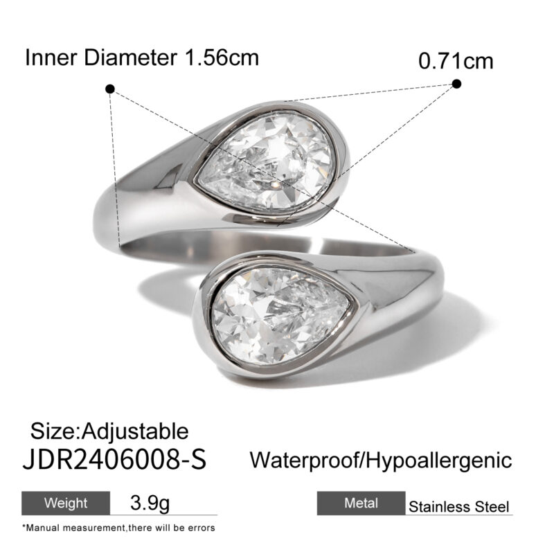 J&D Dainty Luxury Stainless Steel Women Jewelry Rings 18K Gold Asymmetric Water Drop Zircon Open Rings - Image 4