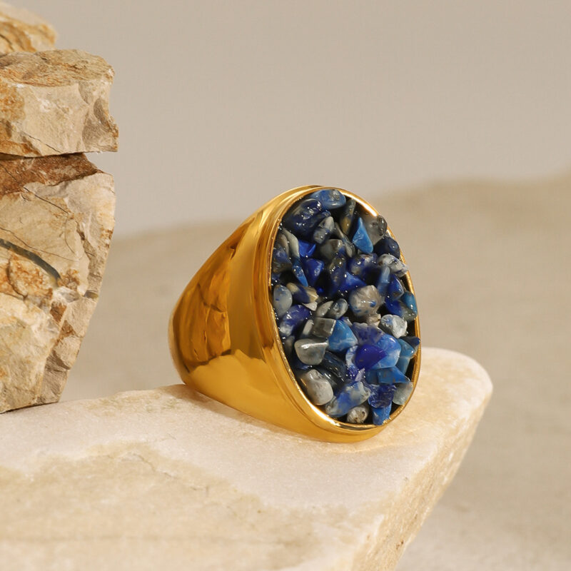 J&D Elegant Design 18k Gold Stainless Steel Large Oval Aquamarine Colorful Chunky Polished Rings - Image 3