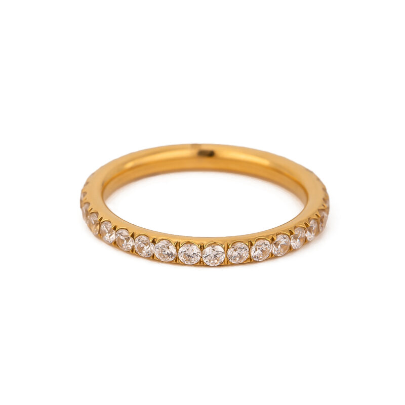 JD 18K Gold Plated Stainless Steel Full Circle AAA Cubic Zirconia High Polish Ring Hypoallergenic Luxury Jewelry for Women