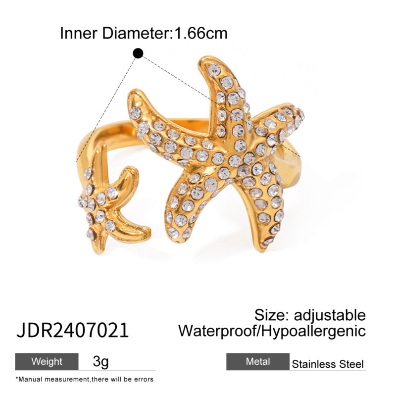 J&D 18K PVD Gold Plated Stainless Steel Searing White Zircon Starfish Ocean Open Ring Jewelry for Women - Image 3