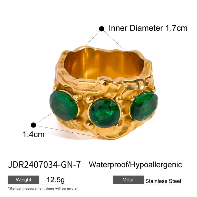 18K Gold Stainless Steel Green Glass Hammered Oval Ring - Image 4