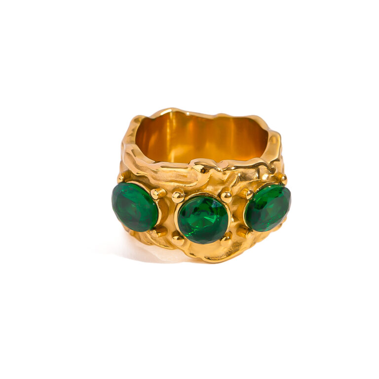 18K Gold Stainless Steel Green Glass Hammered Oval Ring