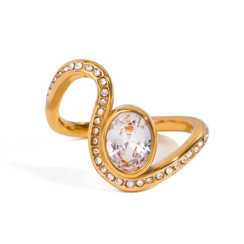 J&D Dainty 18k Gold Stainless Steel Water Drill Wave Oval White Diamond Rings