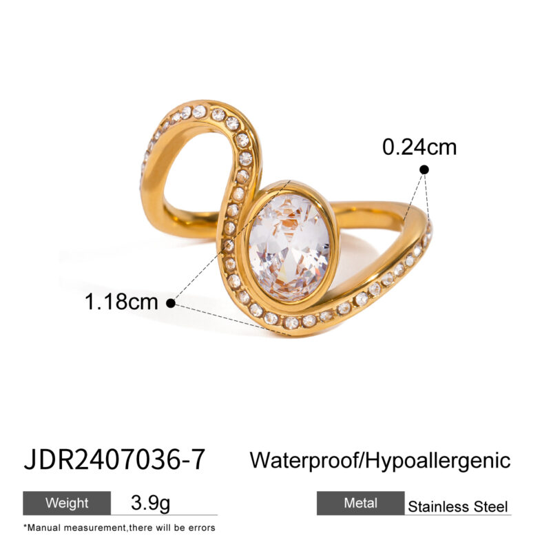 J&D Dainty 18k Gold Stainless Steel Water Drill Wave Oval White Diamond Rings - Image 5