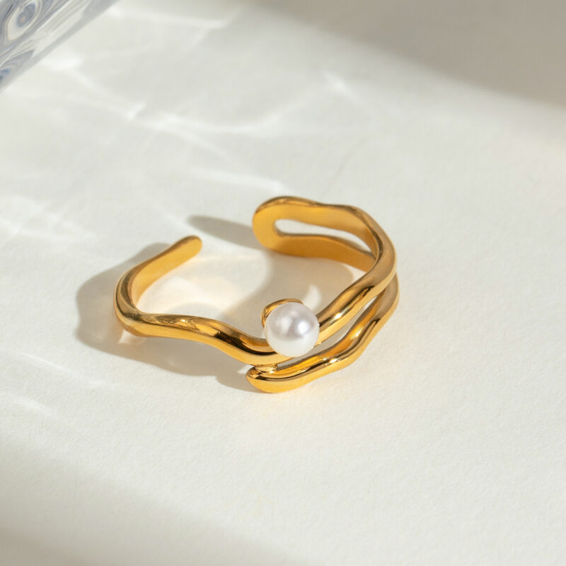 J&D Delicate Women Jewelry 18K Gold Plated Stainless Steel Mother of Pearl Wave Open Adjustable Rings - Image 3