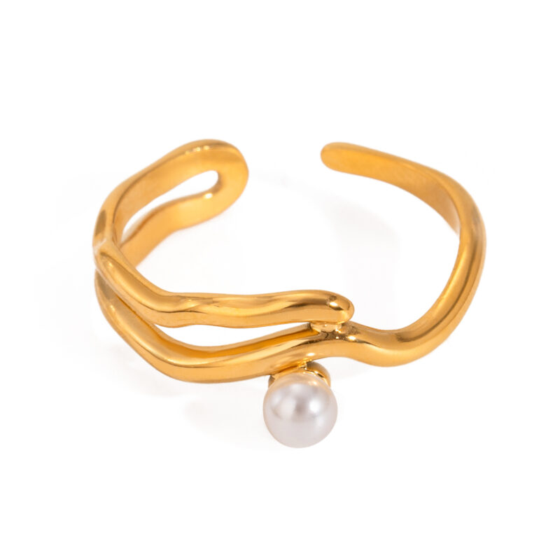 J&D Delicate Women Jewelry 18K Gold Plated Stainless Steel Mother of Pearl Wave Open Adjustable Rings