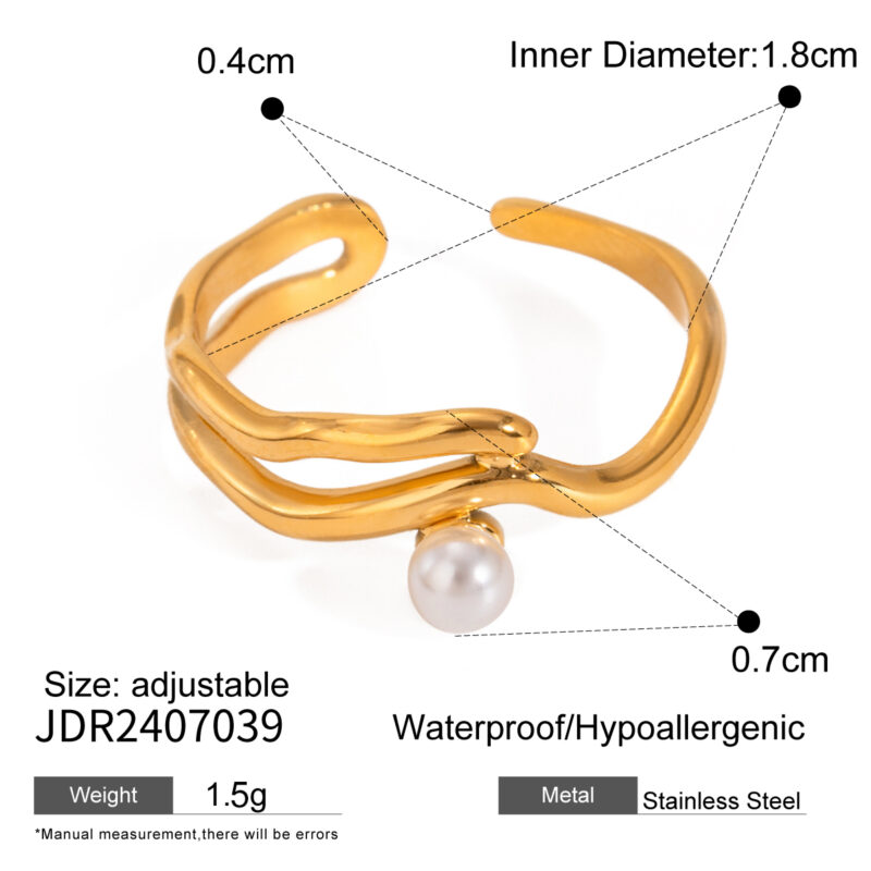 J&D Delicate Women Jewelry 18K Gold Plated Stainless Steel Mother of Pearl Wave Open Adjustable Rings - Image 4